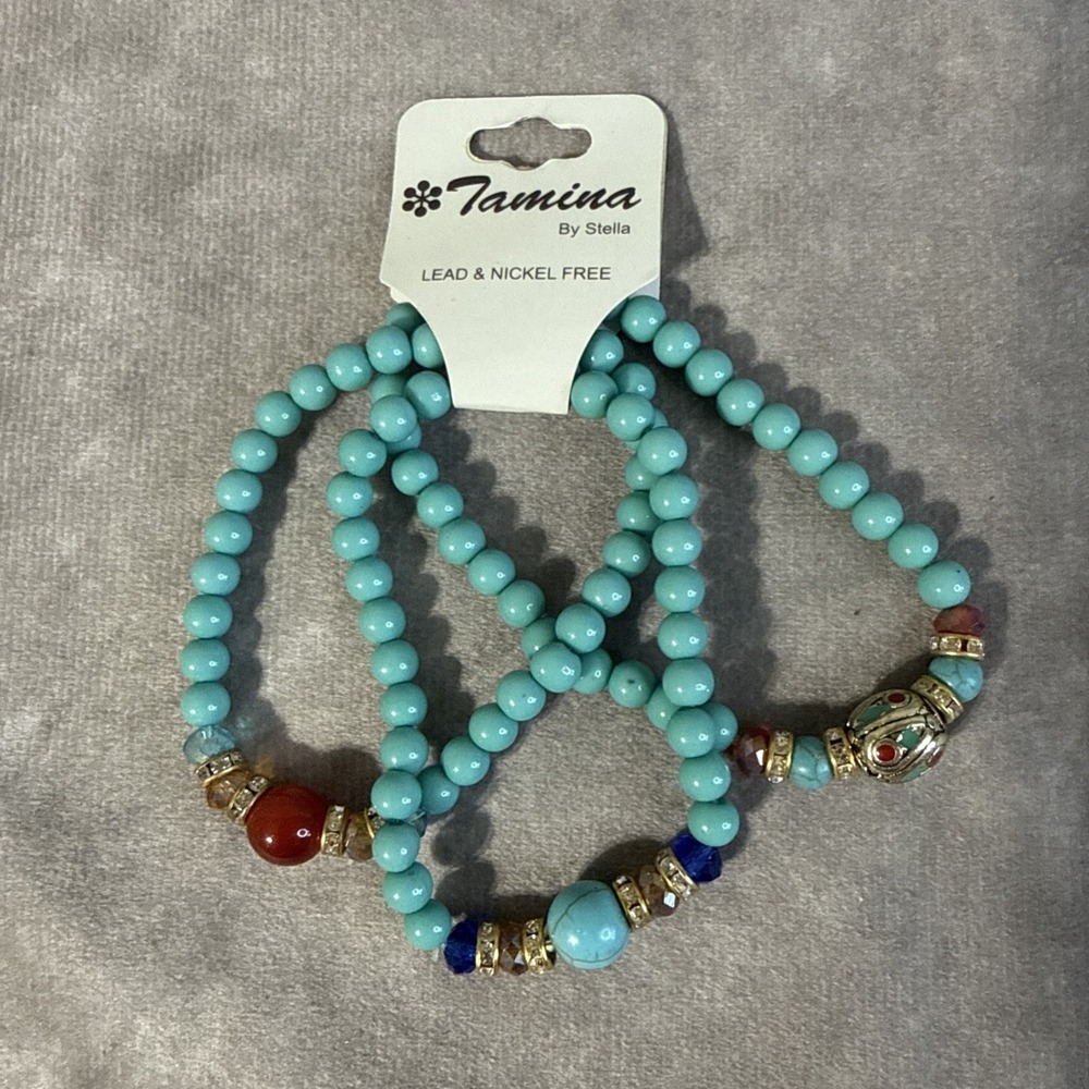 Tamina By Stella 3 Stretch Bracelet Faux Turquoise Gold Tone